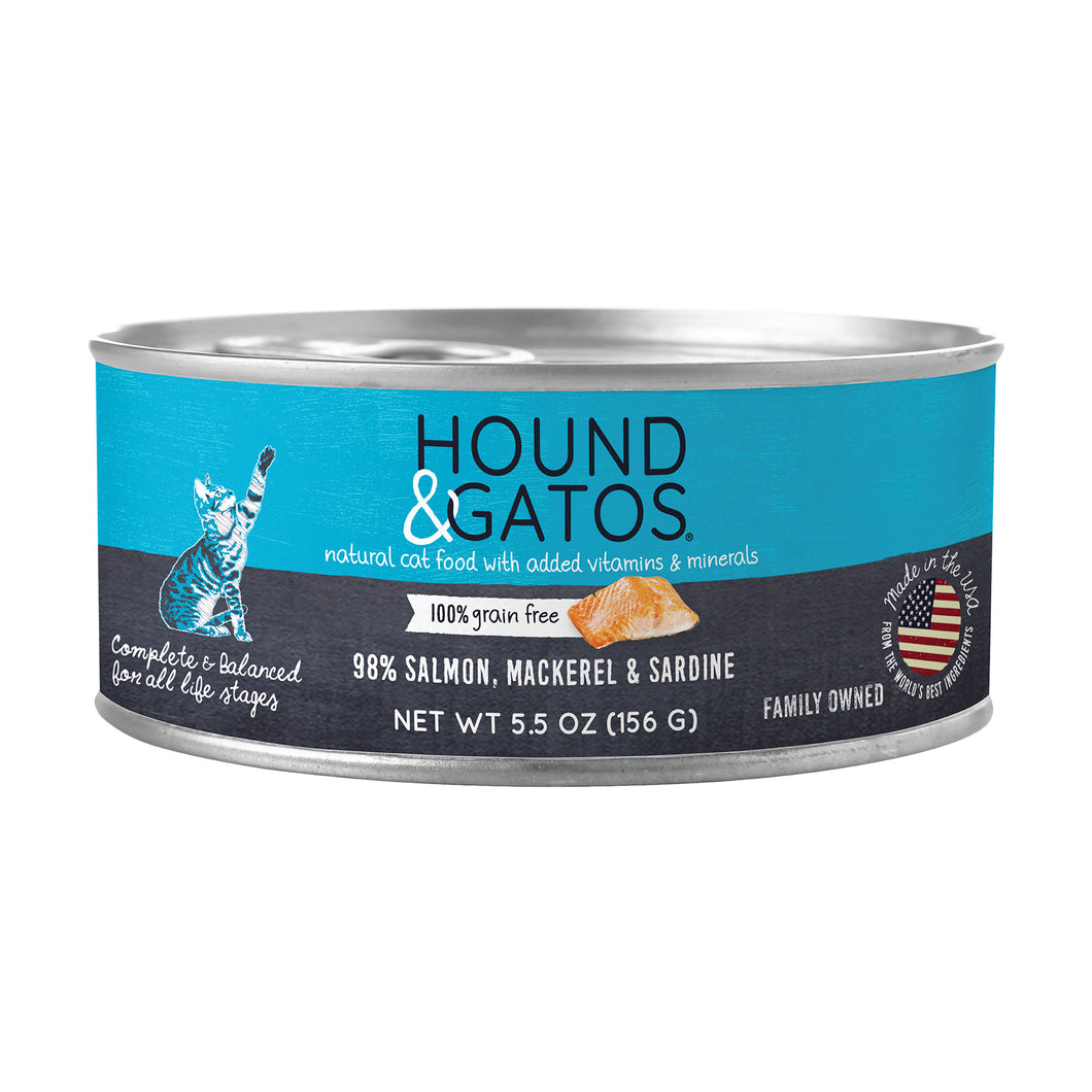 Hound & Gatos 98% Salmon, Mackerel & Sardine Grain Free Canned Cat Food, 5.5 oz - Case of 24