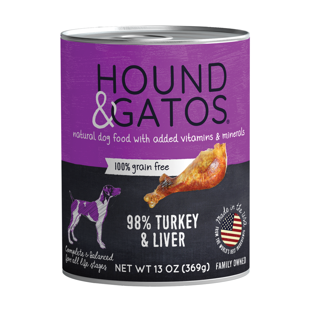 Hound & Gatos 98% Turkey & Liver Grain-Free Canned Dog Food, 13 oz - Case of 12