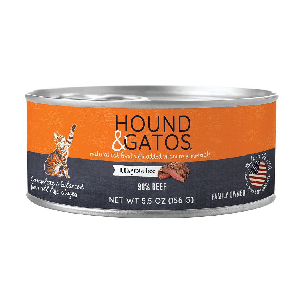 Hound & Gatos 98% Beef Grain Free Canned Cat Food, 5.5 oz - Case of 24