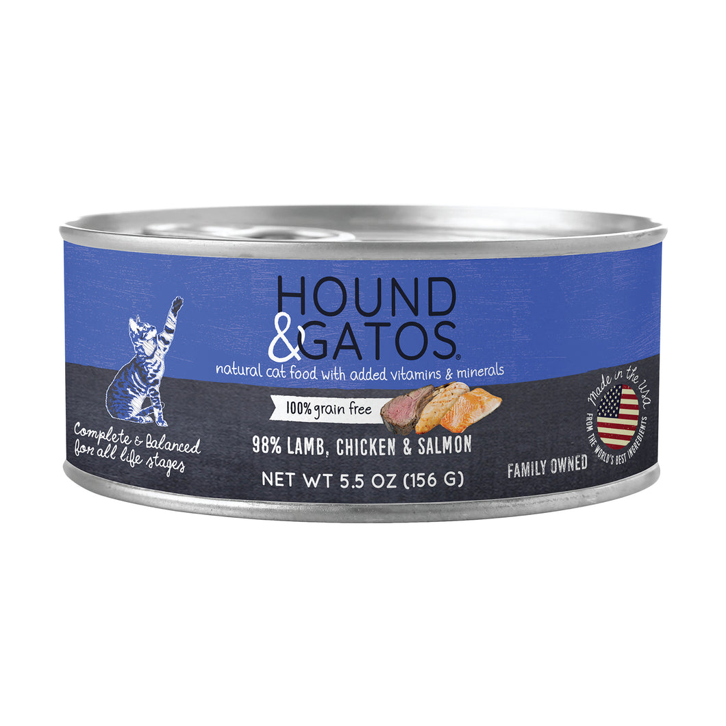Hound & Gatos 98% Lamb, Chicken & Salmon Grain Free Canned Cat Food, 5.5 oz - Case of 24