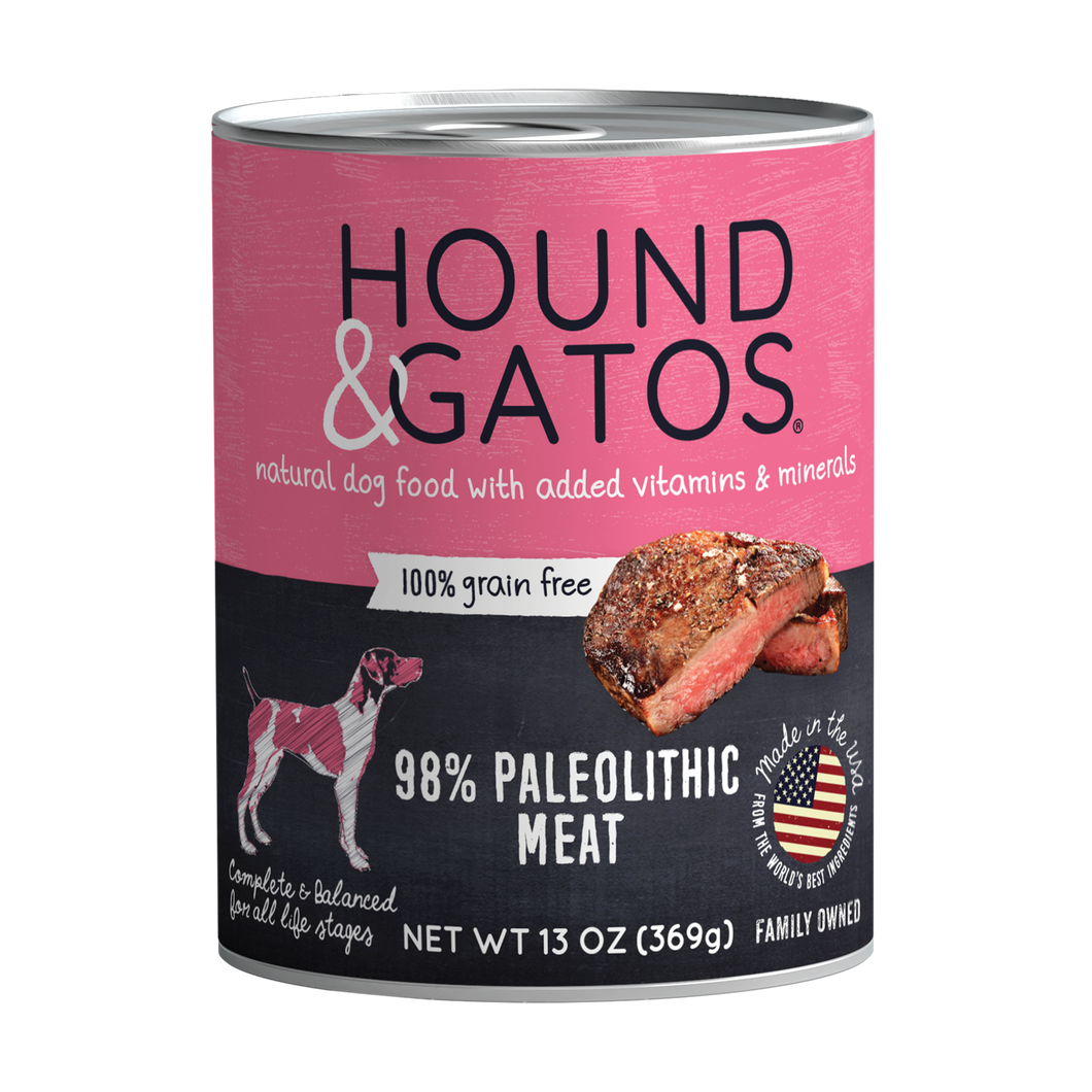 Hound & Gatos 98% Paleolithic Meat Grain-Free Canned Dog Food, 13 oz - Case of 12