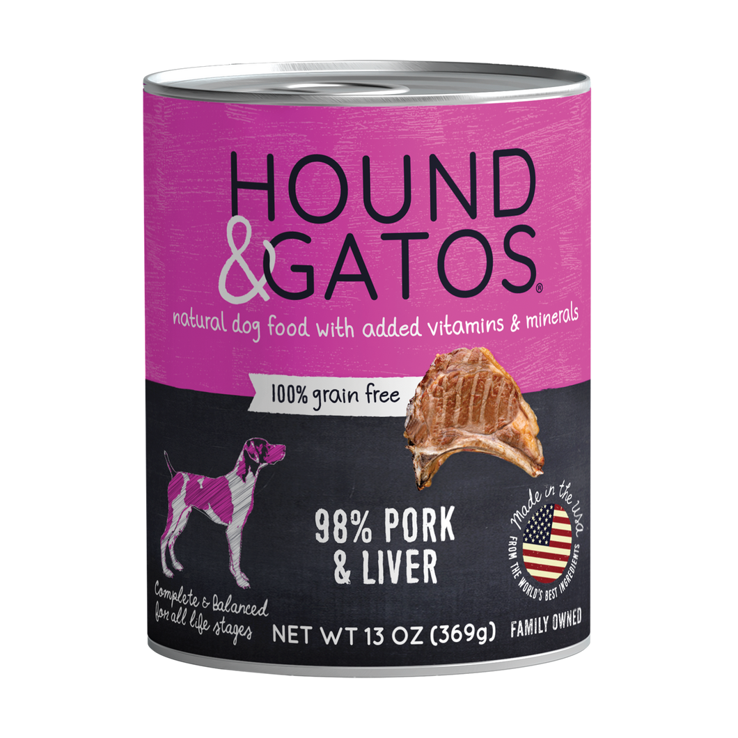 Hound & Gatos 98% Pork & Liver Grain-Free Canned Dog Food, 13 oz - Case of 12