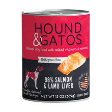 Load image into Gallery viewer, Hound &amp; Gatos 98% Salmon &amp; Lamb Liver Grain-Free Canned Dog Food, 13 oz - Case of 12

